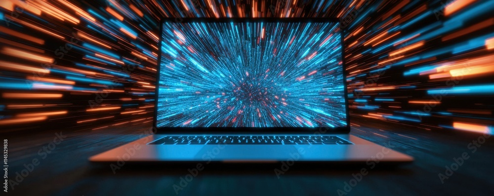 Poster high speed data stream on laptop screen futuristic technology digital flow abstract background