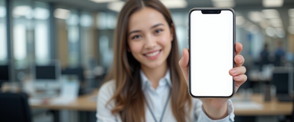 A cell phone with a white screen is shown by an office lady in a white shirt