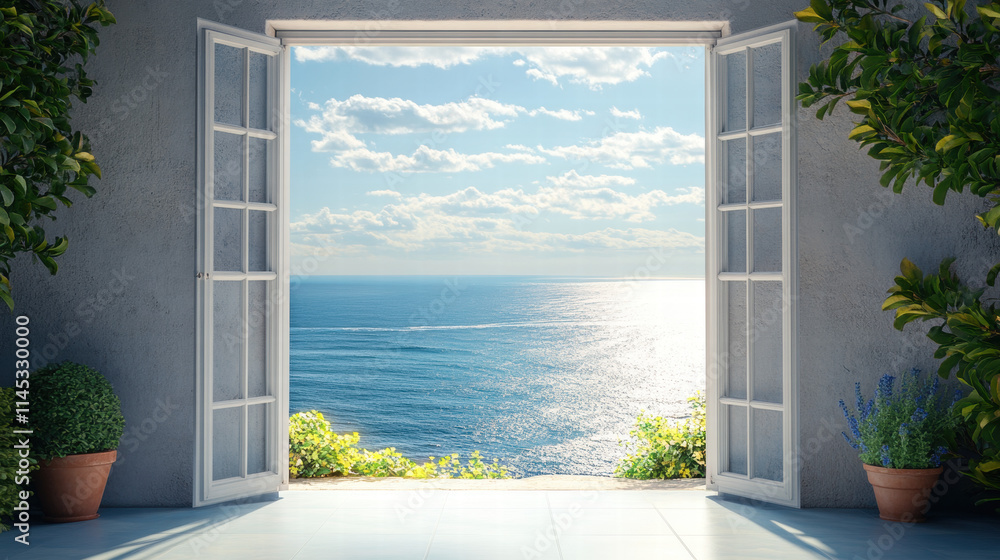Poster a view of the sea from an open window with a white frame. there is a gray wall on one side and green