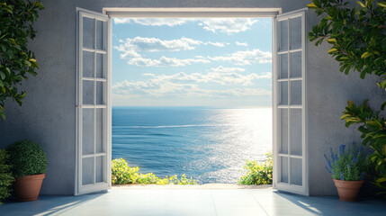 A view of the sea from an open window with a white frame. There is a gray wall on one side and greenery in pots outside the door