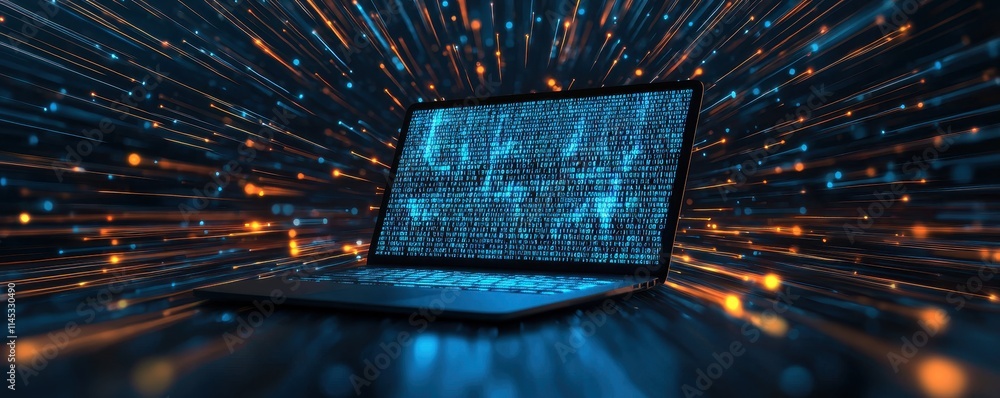 Poster high speed data stream laptop digital code technology network blue orange light rays