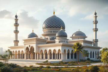 Naklejka premium A minimalist 3D illustration of a mosque in Malaysia, highlighting tiered roofs and traditional Islamic patterns, placed on a blank white background. The design exudes simplicity.