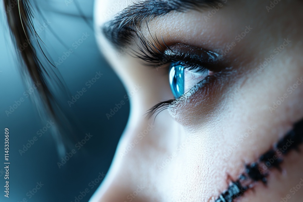 Poster eye of a character with a stitched scar showcasing emotion and intensity in a surreal setting