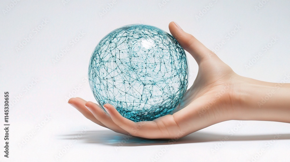 Poster global connection concept with hand holding transparent sphere