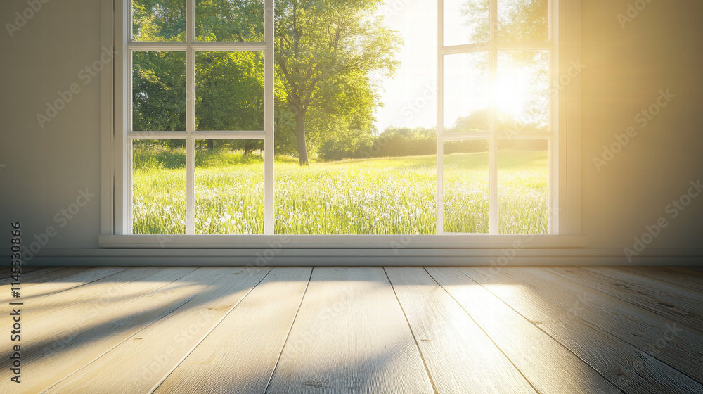 Poster an empty room with a wooden floor and a window looking out onto a grassy field on a sunny day. sunli