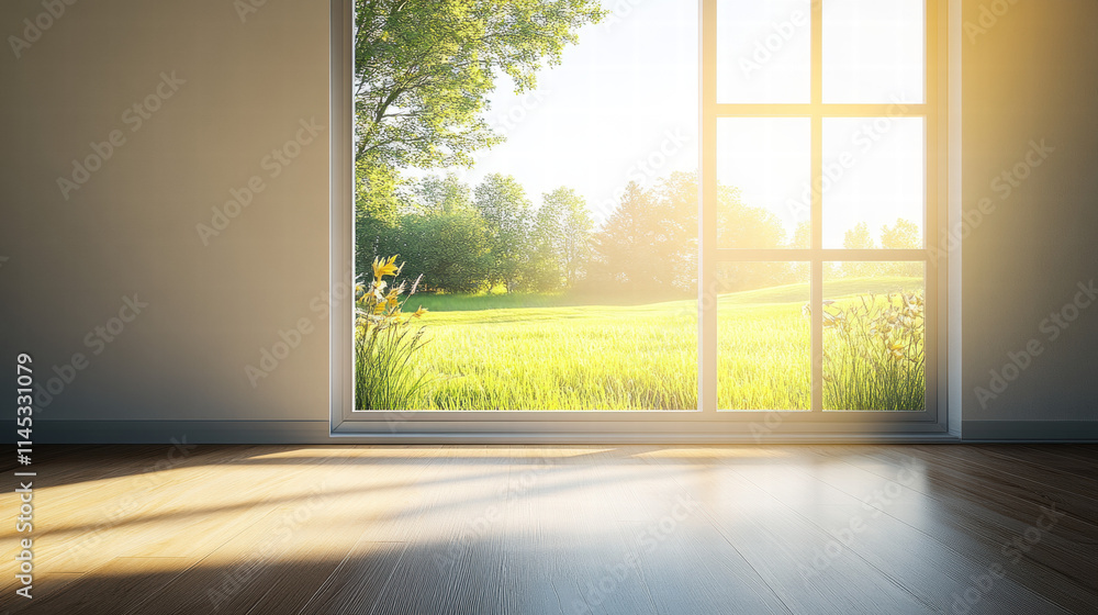 Poster an empty room with a wooden floor and a window looking out onto a grassy field on a sunny day. sunli