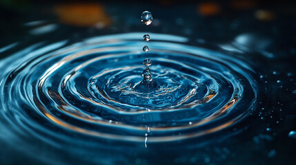 clear blue water drop creates ripples and small waves, symbolizing chaos and disruption, capturing the delicate balance between serenity and turmoil