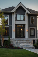 Obraz premium Two-story dark gray house with white columns flanking the entrance. The house features multiple large windows, a stone staircase, and landscaping. The style is contemporary with classical elements.