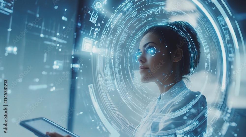 Poster woman programmer immersed in coding with holographic interface