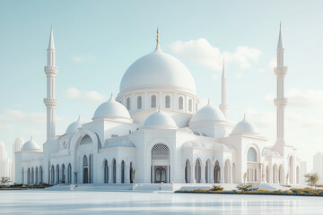 Obraz premium A minimalistic 3D illustration of a Turkish mosque with elegant domes and slender minarets, displayed on a white background. The design focuses on symmetry and cultural grace.