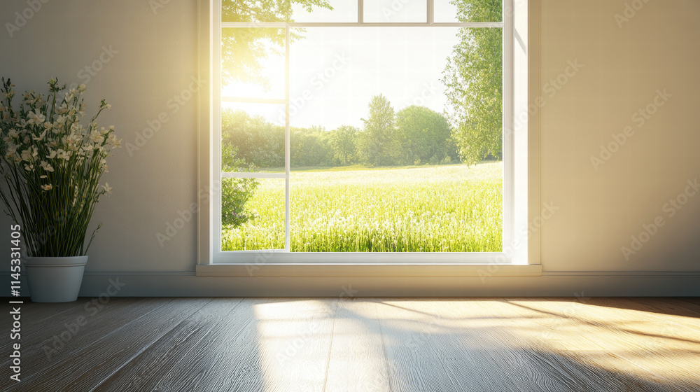 Poster an empty room with a wooden floor and a window looking out onto a grassy field on a sunny day. sunli