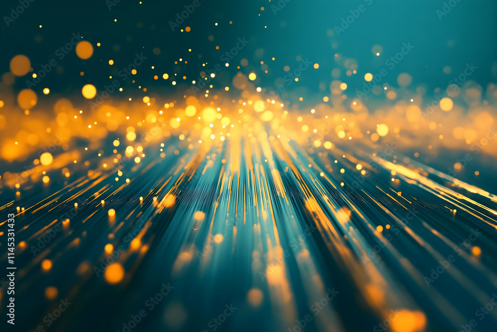 Poster a vibrant display of golden particles and beams of light, creating a dynamic, energetic atmosphere i