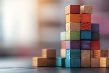 Colorful wooden blocks stacked in a creative arrangement in a bright indoor space during the day