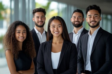 Fototapeta premium Group of young professionals posing confidently in a modern office setting during the day