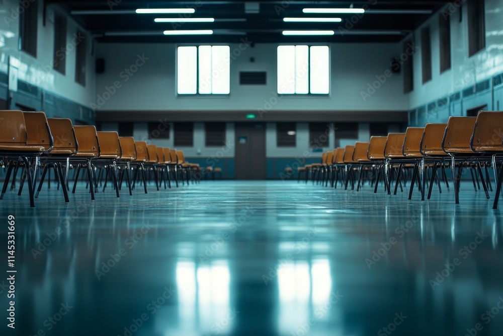 Poster empty hall with rows of chairs creating a symmetrical pattern and evoking a sense of anticipation