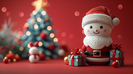 Adorable snowman dressed as Santa Claus with presents near a festive Christmas tree. Red and white theme with warm lighting. Perfect for holiday cards!
