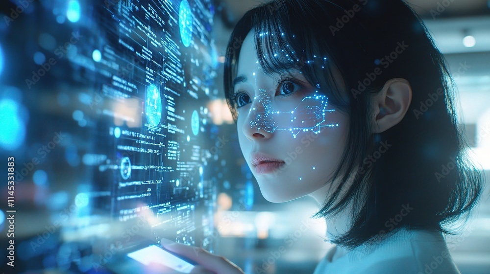Poster woman programmer immersed in coding with holographic display
