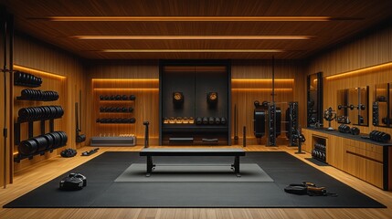 Luxurious home gym with wooden walls, black equipment, and weights.