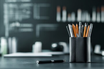 Desk setup with various writing instruments in a modern workspace featuring dark tones and organized materials