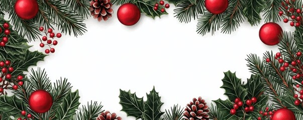 Festive Christmas Border Holly Pine Ornaments Berries
