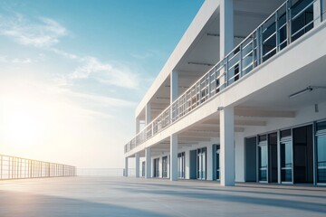 Fototapeta premium Modern architectural design showcasing an empty terrace and building exterior during sunset in a serene environment