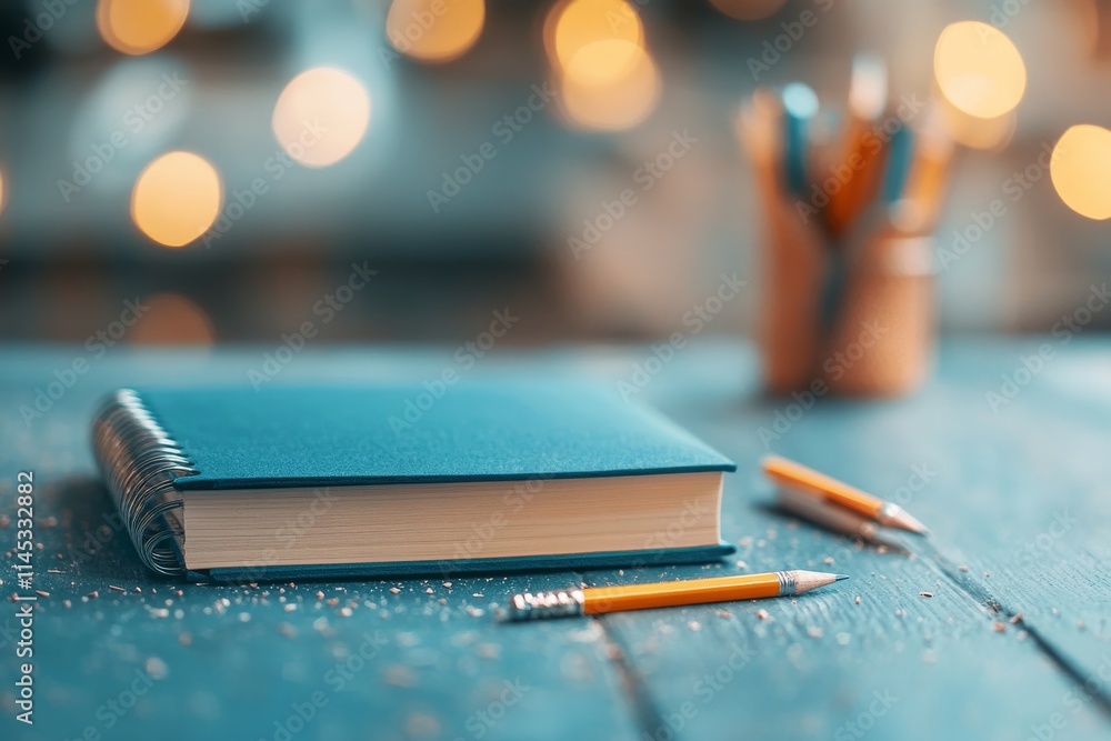 Aufkleber creative workspace with a blue notebook and pencils on a rustic table, illuminated by soft bokeh lig