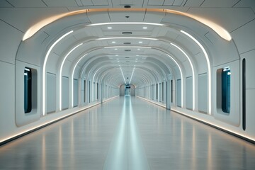 Modern corridor with sleek design and bright lighting in a futuristic building