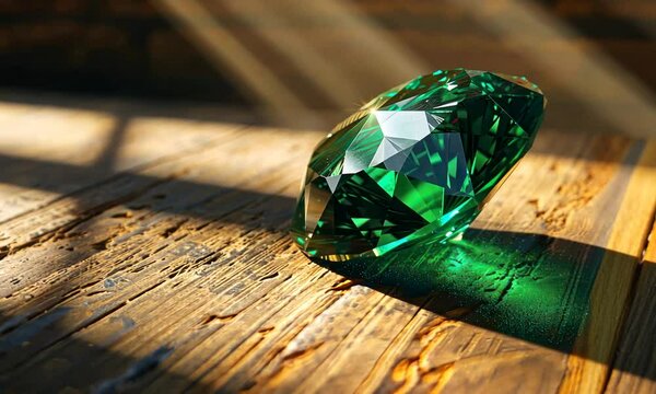 Emerald Green Diamond on Rustic Wood: A breathtaking emerald diamond sparkles on a weathered wooden surface, catching the light in a mesmerizing display of brilliance and color.