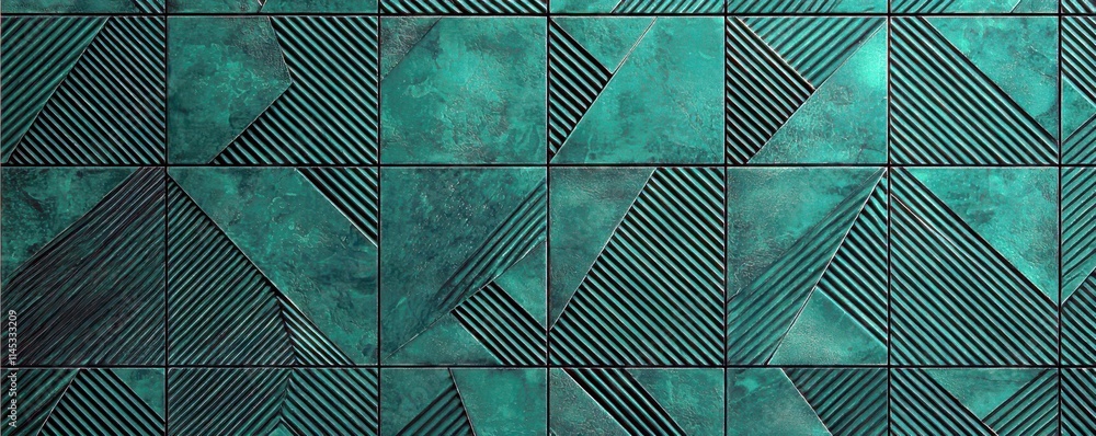 Poster geometric pattern design with textured tiles featuring a mix of teal and dark lines in a modern inte