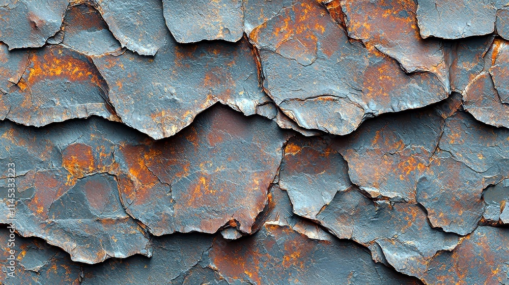 Poster detailed close-up view of weathered paint layers revealing rust and texture on a metal surface with 