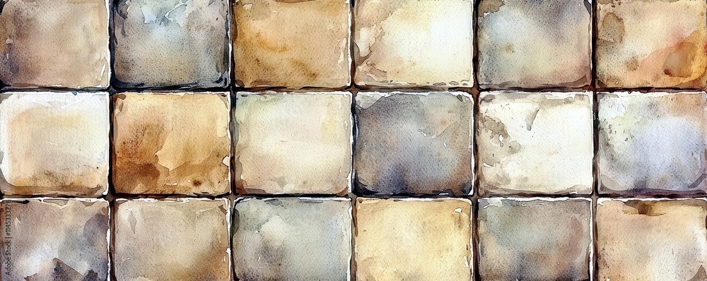Poster abstract watercolor texture featuring a grid pattern of beige and gray tiles, ideal for backgrounds 