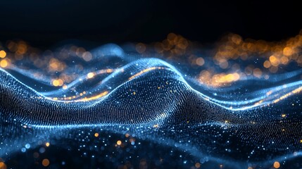 Abstract blue and gold particle wave background.