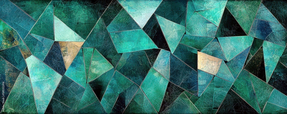 Poster abstract geometric design featuring a vibrant mosaic of teal and turquoise triangular shapes arrange