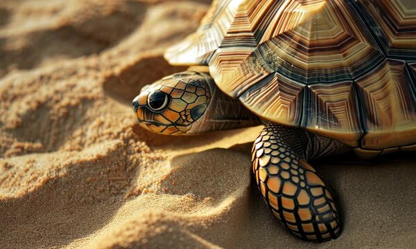 Tortoise with patterned shell lying on sandy terrain