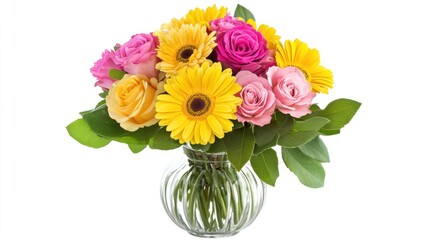 Vibrant bouquet of yellow gerbera daisies and pink roses in a clear glass vase on white background.