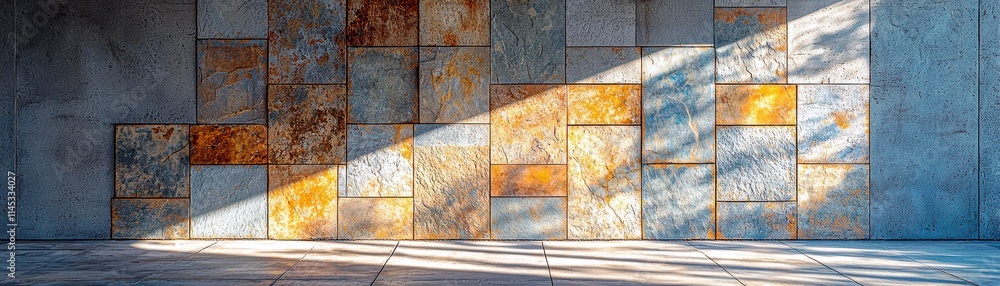 Poster textured stone wall with colorful patterns and shadows cast by sunlight, showcasing design elements 
