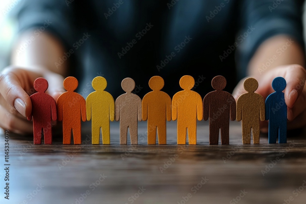 Poster colorful wooden figures representing diversity and unity on a table during a creative workshop