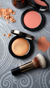 Bronzer, powder, blusher and brush on grey textured table, flat lay, professional photography. isolated with white highlights