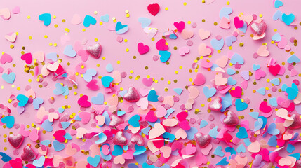 Colorful Confetti and sparkles on pink pastel trendy background, heart and circle shape confetti, Festive