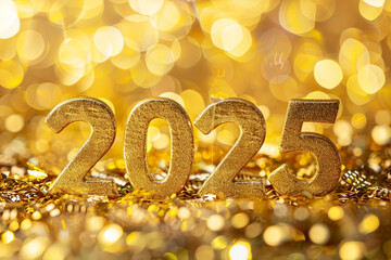 New year, "2025" text, happy new year! clean, bright golden background