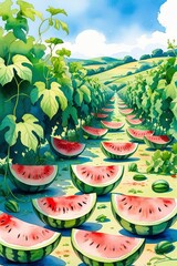 A hand-drawn watercolor illustration of a watermelon farm, featuring rows of plants with ripe watermelons in shades of green