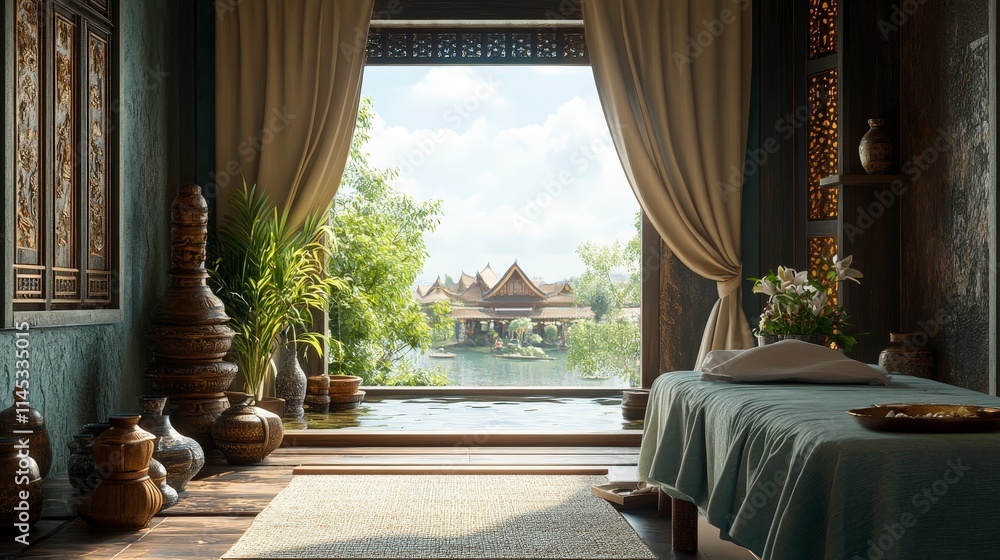 Poster serene spa room with open-air view of a tranquil lake and traditional asian architecture. the room f