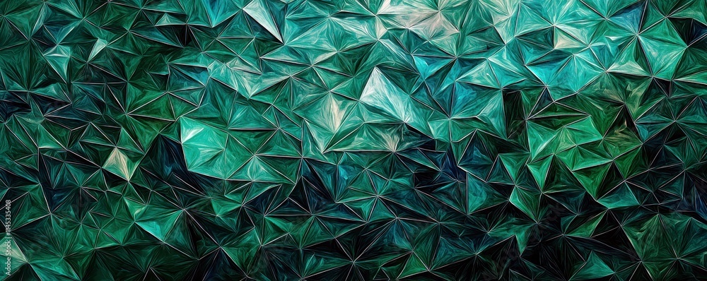 Poster abstract geometric design featuring intricate triangular patterns in vibrant shades of teal and gree