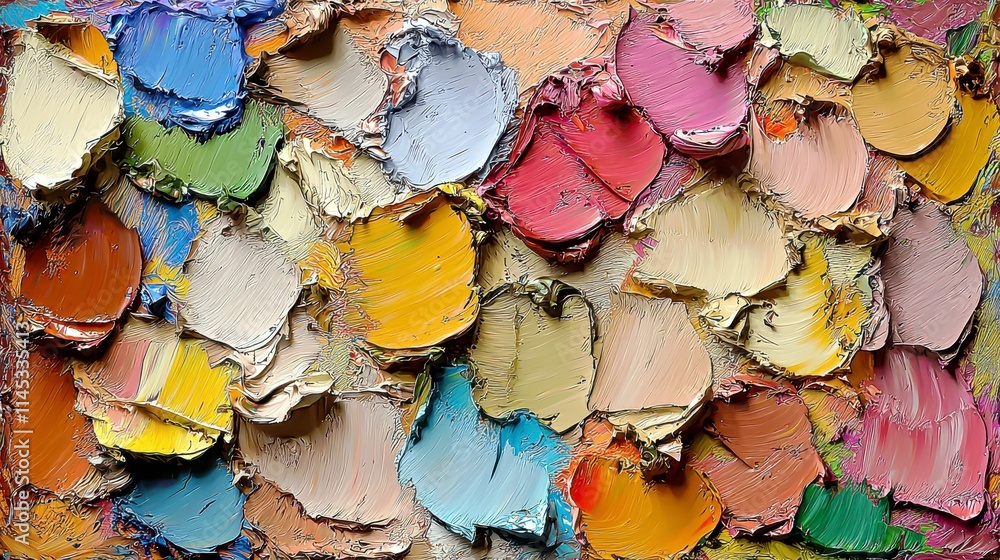 Poster vibrant abstract color palette with textured oil paint layers showcasing a range of colors and shape