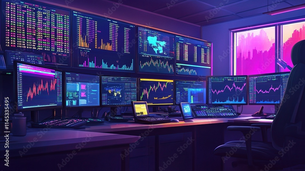 Aufkleber modern colorful workspace for traders with advanced technology
