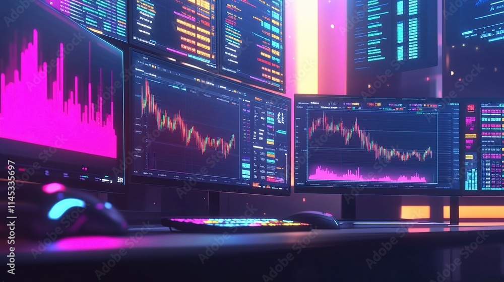 Poster modern trader workspace with vibrant stock charts and data displays