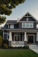 Obraz premium Two-story dark gray house with white trim, a front porch with white columns and railings, and a neatly landscaped lawn. The house features multiple windows, and a dark-colored front door.