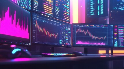Fototapeta premium Modern Trader Workspace with Vibrant Stock Charts and Data Displays