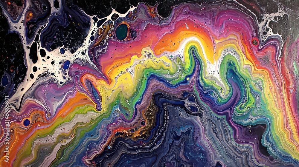 Poster colorful abstract fluid art with swirls and patterns in vibrant rainbow tones against a dark backgro