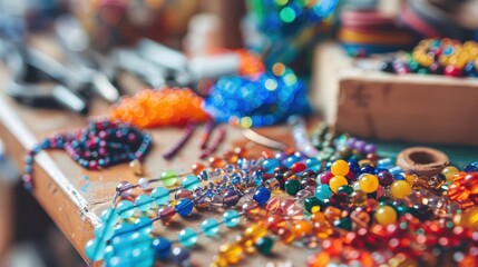 Obraz premium Colorful Assortment of Artisan Beads and Craft Supplies on Table